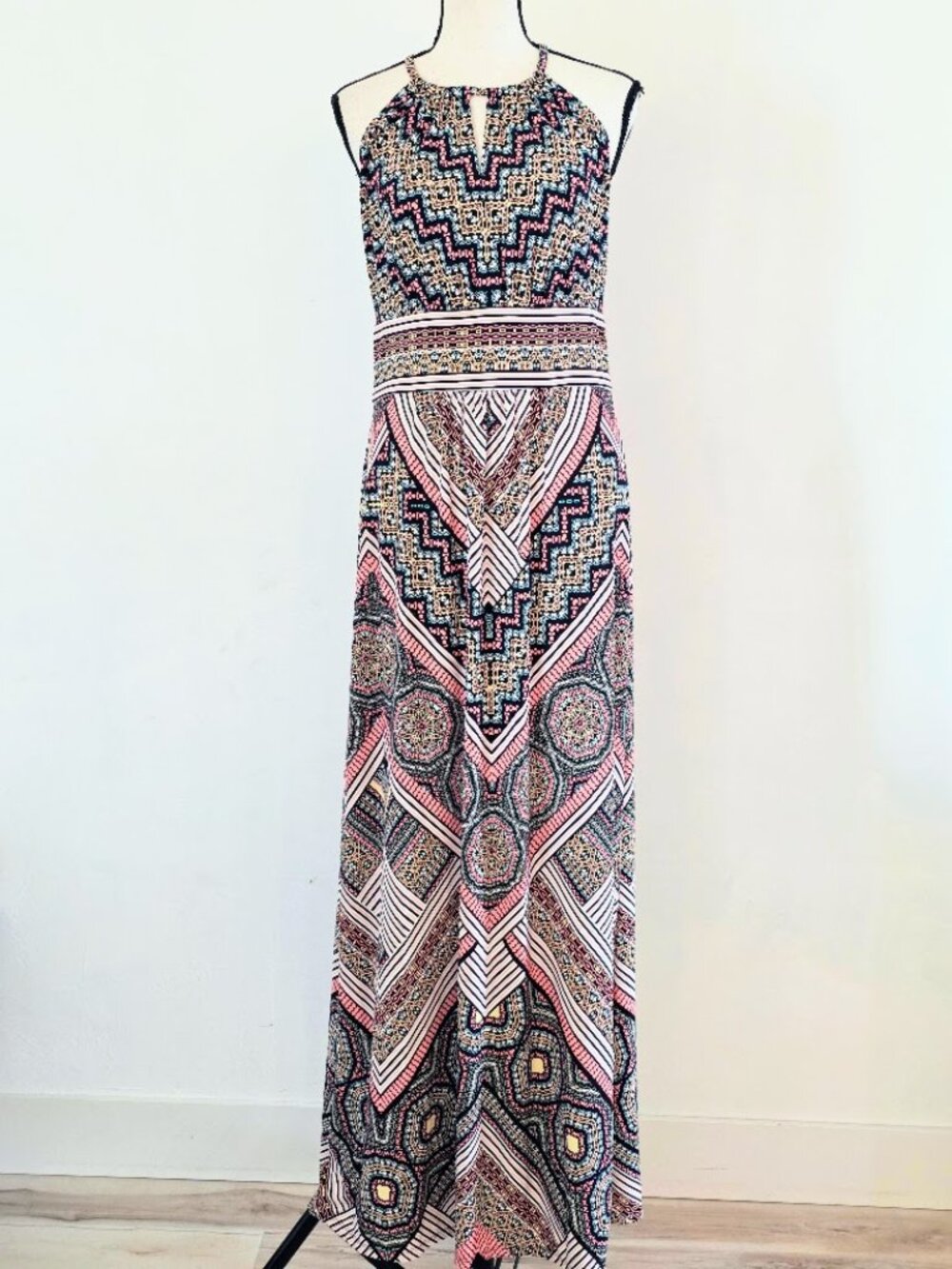 London Times Geometric Halter Neck Boho Maxi Dress Size 8 EUC